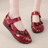 Summer New Head Layer Cowhide Flat Bottom Women's Shoes National Wind Leather Hollow Out Small Flower Women's Sandals Mother