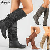 Women Leather Mid Calf Boots Casual Slip on Autumn Winter Long Boots Flats Fashion Pleated Round Toe Black Elegant Botas