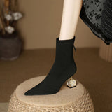 Sock Ankle Boots 2023 Spring Autumn Pointed Toe High Heel Elastic Flock Black Comfortable Booties Lady