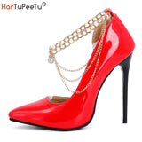Office Lady Classic Pumps Spring Autumn Thin Extreme High Heels 12cm Stilettos Chain Decorate Glossy PU Leather Party
