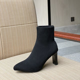 Fashion Women Boots Beige Pointed Toe Yarn Elastic Ankle Boots Thick Heels Shoes Autumn Winter Female Socks