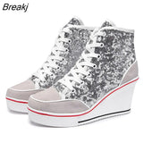Top Women Height Increasing Wedges Lace Up Shoes Flats Casual Ankle High Top Sliver Canvas Shoes Glitter Sequins Plue