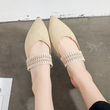 Women Mules Slippers Female Summer Flats Sandals Knit Fabric Stretch Slides Holiday Beach Shoes Square Heel Square Toe