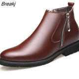Leather Chelsea Boots Men Winter Shoes Plush Warm Shoes Fashion Zipper Winter Mens Ankle Boots Black Booties