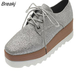 Women Shoes Patent Leather Lace Up Thick Heel Increased Flat Platform Oxford Shoes Woman Loafers Solid Casual Shoes Plus