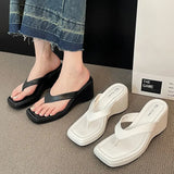 Square Toe Wedge Flip Flops Women Korean Style Clip Toe Platform Sandals Woman Summer 2023 Outdoor Non Slip Beach