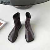 Spring Rock Shoes Flat Heel Zipper Boots Women Ladies Ankle Leather Rubber 2023 Soild Fabric Square Toe Zapatillas