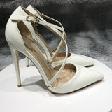 Women Patent PU Cross Strap Stiletto Pumps Pointed Toe 10cm High Heels for Elegant Ladies Chic Dress Shoes QP101