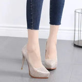 NEW Women Wedding Shoes High Heels 11.5CM Lady Pearl Platforms White Glitter Bridal Shoes Women Thin Heel Party Pump