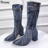 Jean Boots Women's Mid Calf Boot Zipper High Heel Woman Stylish Jeans Boots Ladies Denim Boot Female Shoes Cowboy