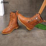 Low-heel Casual Women's Boots 2023 Winter Warm Zipper Round-toe Shoes Motorcycle Boots New Ankle Boots Lace-Up