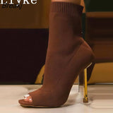 2023 New Sexy Cut-Out Thin High Heels Red Green Knitted Stretch Fabric Ankle Socks Boots Women Party Dance Shoes