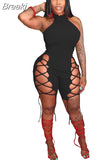 Hollow Out Sexy Jumpsuits Women Shorts Summer Bandage Rompers Solid Black Halter Female Sexy Nightclub Party