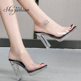 2023 Summer New Sandals Women Fashion Rhinestones Square Heel Transparent Women Shoes High Heels11cm Female Party
