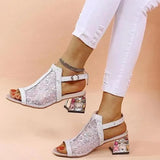 Women Summer Glitter Sandals Rhinestone Sandals Ladies Buckle Strap Round Toe Bling Med Heel Shoe Sandals for Women