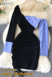 Striped Patchwork One Shoulder Long Sleeve Women Dress 2023 Spring Fashion Ruched Drawstring Mini Bodycon Party