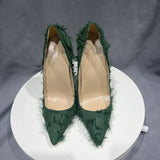 Green Tassel Distressed Fabric Stiletto High Heels Designer Chic Ladies Sexy Pumps Pointy Toe Dress Shoes Plus
