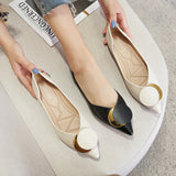 Shoes Women Pointed Toe Soft leather Black Beige Lady Fashion Flats Round buckle Flat Sole Large Size 42