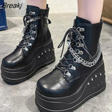 Women's Motorcycle Boots 2023 Boots Women Big Size 43 Black Zipper Lace Up Chain Wedges Platform Fashion Gothic Punk