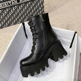 Goth Ankle Boots Women Black Chunky Wedge Platform Shoes Woman Lace Autumn Patent Leather Footwear Lady Botas