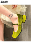 Janes Shoes Female Golden Velvet New Square Toe College Style Casual Pumps Fashion Shallow Buckle Shoes High Heel