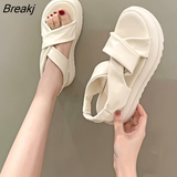 Women's Sandals Casual 2023 Summer Straight Buckle Open Toe Rubber Sole PU Solid Beach Fashion Sandals