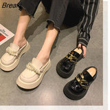 Platform Mule For Women New Slippers Loafer Chunky Golden Chains Leather Pearl Loafer Thick Bottom Ladies Luxury