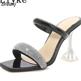 Runway Style Glitter Rhinestones Women Transparent Heels Slippers Summer Square Toe Color Sandals Size 46 Female