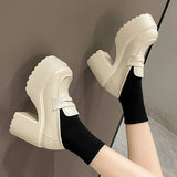 Black White Chunky Platform Loafers Women 2023 Autumn Thick High Heel Pumps Woman Slip On Pu Leather Goth Shoes