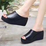 Women Sandals 7.5cm Platform Wedges Women's Shoes Thick Heel Open Peep Toe Sandals Leather Summer Style Slide Black