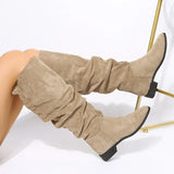 Pleated Boots Women Black Nude Faux Suede Flock Knee High Boot Ladies Flat Autumn Winter Dress Shoe 43 Solid Slip on
