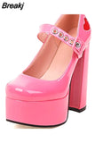 Chunky Heeled Satin Ankle Strap Pumps 2023 Spring Summer High Heel Wedding Shoes Walking Comfy Women Sandal Big Size