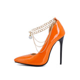 Office Lady Classic Pumps Spring Autumn Thin Extreme High Heels 12cm Stilettos Chain Decorate Glossy PU Leather Party