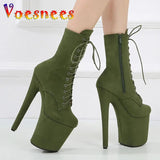 Sexy Combat Fetish 8 Inch High Heels Platform Ankle Boots Women Winter Gothic Shoes 20CM ArmyGreen Pole Dancing