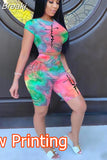 Women Tie Dye Print 2 Pieces Sets Tracksuits Crop Top Side Lace-Up Bandage Shorts Ladies Sexy Tracksuits Hollow
