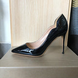 Curl Cut Women Solid Black Patent Pointy Toe High Heel Shoes Elegant Pumps Customize Stilettos Size 46 8cm 10cm