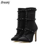Fashion Luxury Women 11.5cm High Heels Fetish Rivets Silk Sock Boots Stiletto Ankle Boots Scarpins Studded Red Spring
