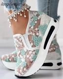 white mesh shoes sneakers Women Fashion Casual Shoes Running Shoes Sport Wear Floral Embroidery Sheer Mesh Sneakers