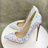 Bling Sequins Women White Pointy Toe High Heel Shoes for Wedding Party Sparkle Celebrity Stiletto Pumps 8cm 10cm