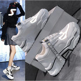 2023 Spring Reflective Platform Sneakers Women Shoes Korean Lace Up Chunky Sneakers Mixed Color Women's Vulcanize