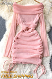 Off Shoulder Bodycon Mini Dress Women Fashion Spring Slash Neck Long Sleeve Shinny Mesh Drawstring Ruched Club Party