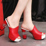 Leather Sole Slippers Women Sexy High Heel Mules Black Peep Toe Platform Mules Sandals