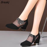 Women High Heel Shoes Mesh Breathable Pumps Zip Pointed Toe Thick Heels Fashion Female Dress Shoe Autumn Elegant