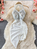 Women Dress Sexy Lace-up Halter Sleeveless Sequins Party Dress High Waist Drawstring Ruched Irregular Backless Club