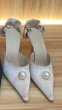 Breakj New Pointed Thin With Super High With Silk Rose Back Empty Pearl Large Size Baotou Slipper