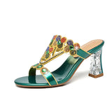 For Women Wearing High-Heeled Slippers In The Summer Of 2024, The New Medium-Heeled Sandals, Crystal Thick Heels, Diamond Sandals And