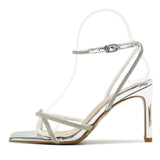 Summer New Women Sandals Fairy Style Square Head Silver Rhinestone Slim Band Temperament One Word Band Versatile High