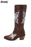 Big Size 34-43 Women Knee High Boots Cowboy Autumn Thick High Heels Pointed Toe Retro Butterfly Long Boots Shoes