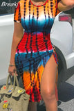 Sexy Bodycon Pleated Side Slit Knee Dresses Women Printing Round Neck Short Sleeve Dress Fashion Slim Party