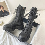 Chunky Platform Motorcycle Boots Women 2023 Autumn Winter PU Leather Mid Calf Boots Woman Thick Bottom Punk Botas